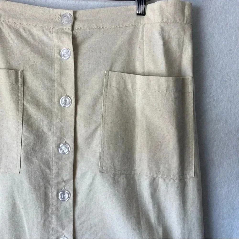 ODDY Button‎ Front Cotton Linen Elastic Wasit Pockets Casual Skirt Size 2XL